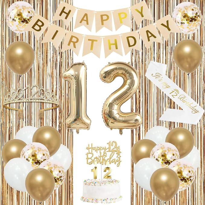 Trgowaul 12th Birthday Decorations for Girls, Banner, Sash and Crown, Cake Topper, 12 Number Balloon, Fringe Curtains, Champagne Gold 12th Birthday Party Supplies
