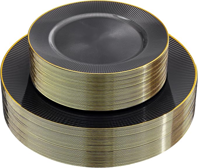 Hioasis 60pcs Black and Gold Plastic Plates - Black Disposable Dinnerware Set, 30pcs Dinner 10in & 30pcs Dessert 7in Plates with Striped Designs for Party & Wedding