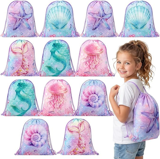 Honeydak 12 Pcs Mermaid Drawstring Backpack Bulk Large Mermaid Ocean Party Favor Bags for Girls Undersea Birthday Party Supplies