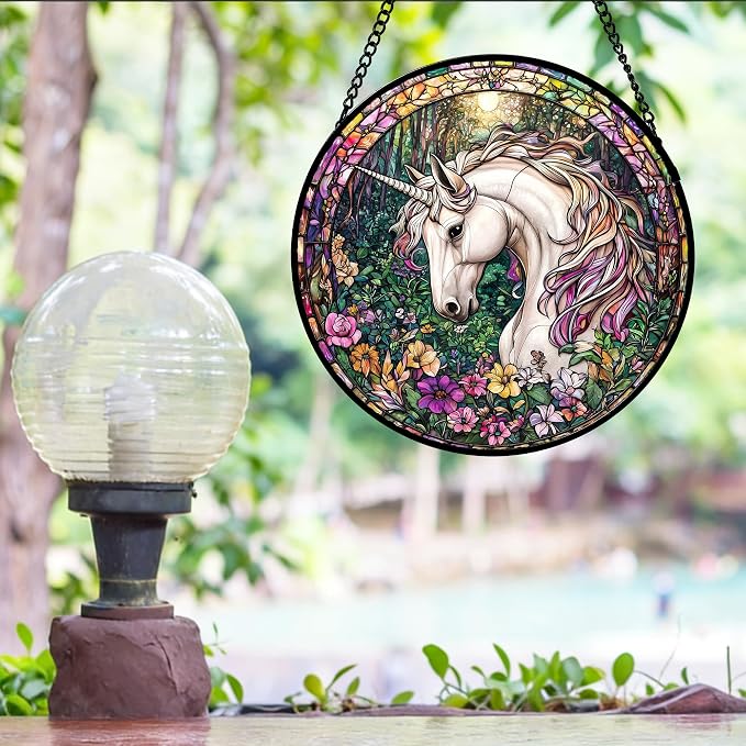 DASTOLL Stained Glass Window Hanging, Unicorn Flowers Suncatcher for Doors Home Sun Catchers Decoration and Christmas, Mother's Day Birthday Gifts for Women, Men, and Mom 11.8x11.8 in
