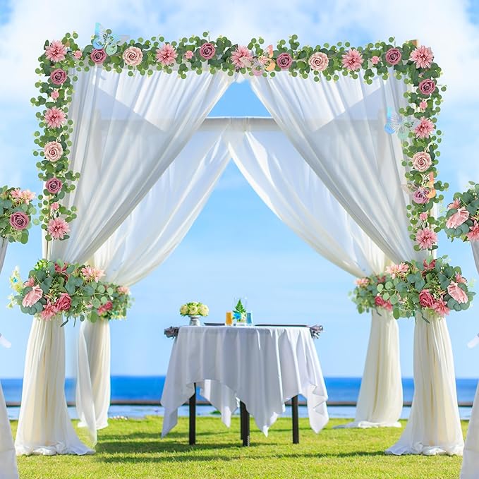4 Pack 5.9 FT Artificial Flower Garland with Butterflies Fake Rose Garland Faux Greenery Eucalyptus Garlands for Wedding Table Backdrop Arch Centerpieces Decorations - DarkPink
