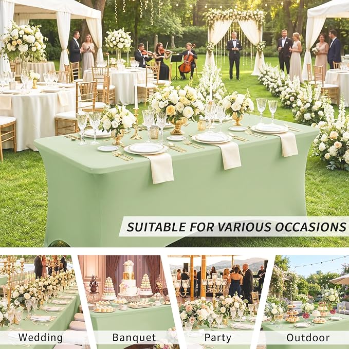 Fixwal 3 Pack Sage Green Tablecloth Rectangle 6Ft, Stretch Spandex Fitted Table Cover for Party, Trade Show, Wedding, Buffet, Graduation, Vendor Stand