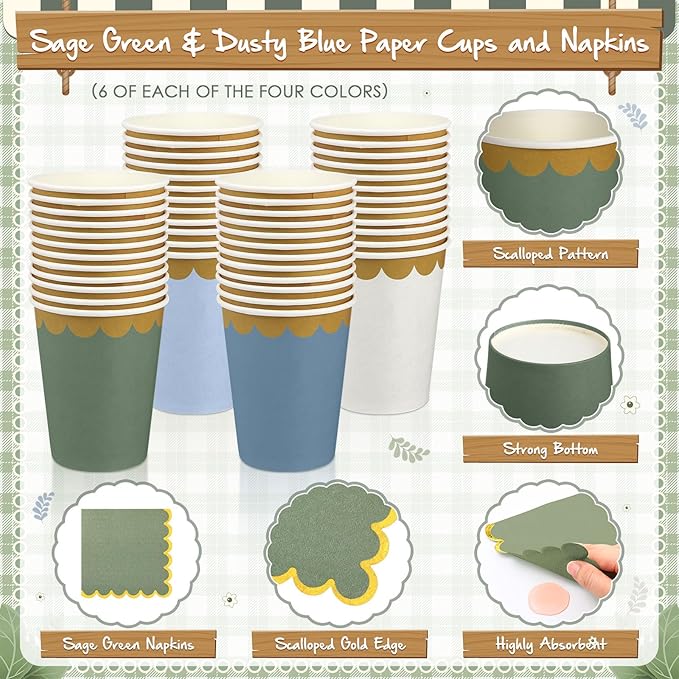 Mimorou 169 Pcs Blue and Sage Green Plates and Napkins Party Supplies for Guests Dusty Blue Tableware Include Scalloped Plates Paper Napkin Cup Spoon Fork Knife for Baby Shower, Wedding, Birthday