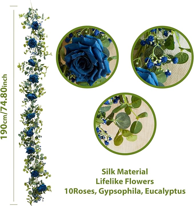 Anna's Whimsy 5.91FT Artificial Eucalyptus Garland with Flowers, Fake Rose Gypsophila Garland, Faux Floral Garlands for Wedding Spring Home Party Craft Art Table Runner Decor (Blue, 1)