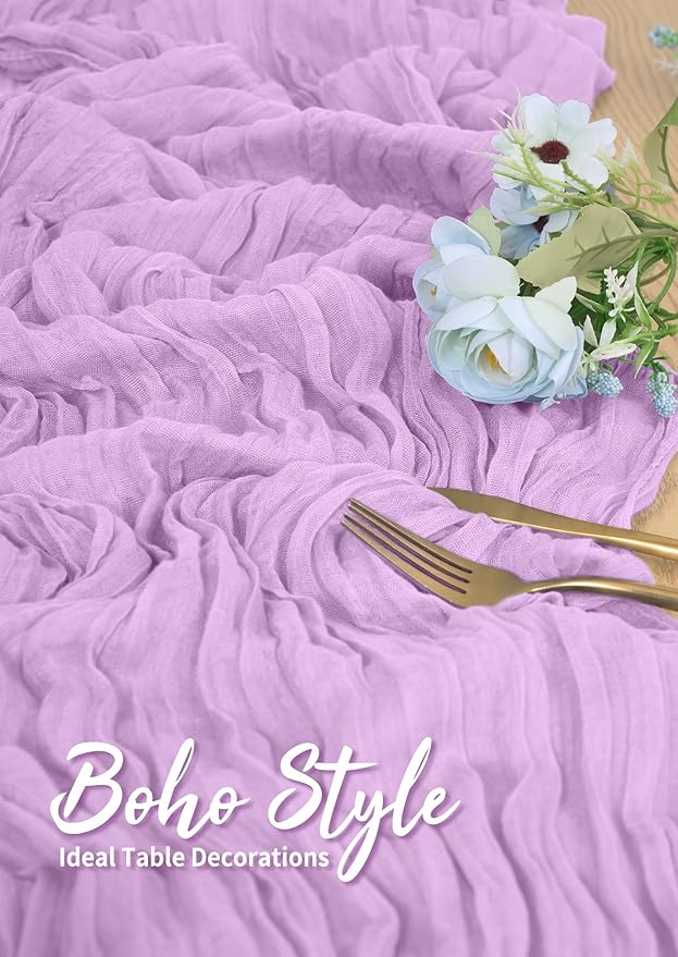 10 Pack Cheesecloth Table Runner Light Purple, Rustic Boho Gauze Fabric Table Runner Romantic Table Runner for Wedding, Festival, Birthday, Anniversary, Dinner and Outdoor Events (17.7 x 108 inch)