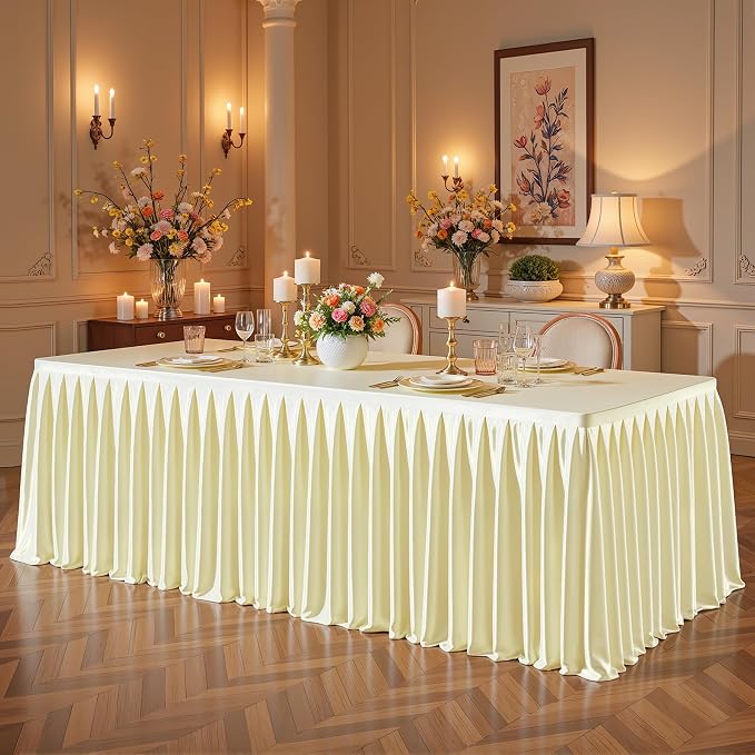 Champagne Satin Tablecloths Rectangle 8FT, Glitter Fitted Stretch Table Covers Wrinkle-Free Floor Length Shimmer Table Skirt for Weddings Parties Baby Shower Banquets Vendor Events