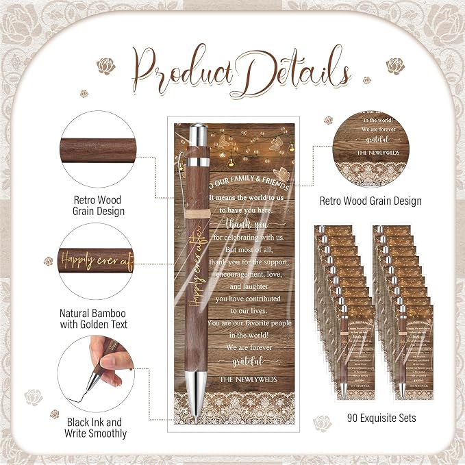 Cholemy 90 Sets Wedding Favors for Guests Happily Ever After Bamboo Ballpoint Pens with Thank You Cards Organza Bag Bulk Thank You Gifts for Rustic Bridal Shower Wedding Party