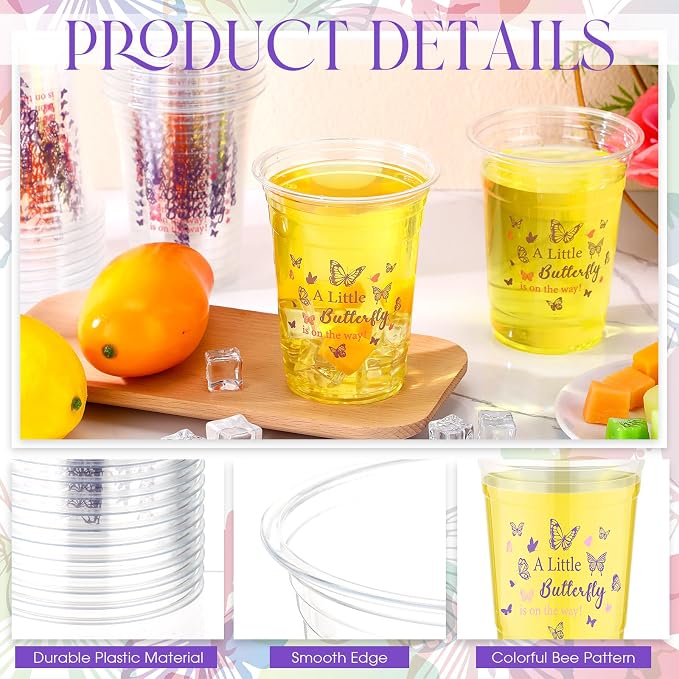 100 Pcs Plastic Butterfly Cups 16 oz Disposable Clear Plastic Cups Butterfly Party Cup Bulk for Birthday Baby Shower Girls Tea Party Supplies