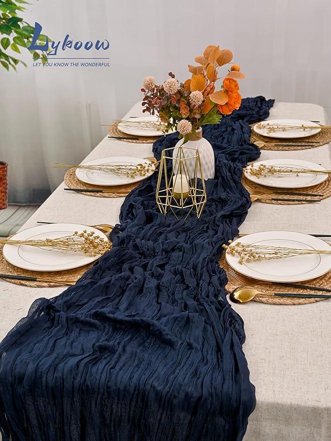 10 Packs Cheesecloth Table Runner Navy Blue, 35x120 inch Dark Blue Rustic Gauze Boho Wedding Table Runner Decoration, Wedding Table Decor Table Cloth for Wedding Party Bridal Shower Table