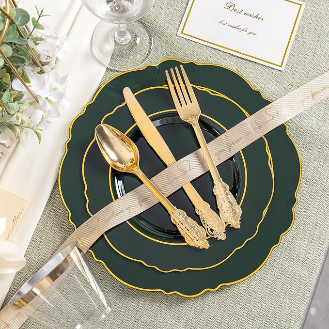 Liacere 175PCS Green Plastic Plates - Emerald Green Disposable With Gold Rim - 25Guest Baroque Plastic Dinnerware include 50Plates-25Pcs Pre Rolled Napkins with Silverware 25Cups for Party & Wedding