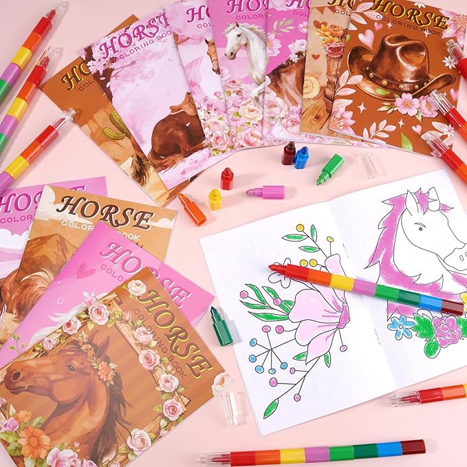 BenLouis 24 Horse Floral Mini Coloring Books Kids with 24 Stacking Crayons Cowgirl Party Party Favors Activity Books Bulk for Kids Girls Horse Racing Flower Goodie Bag Gift Stuffer Classroom Reward