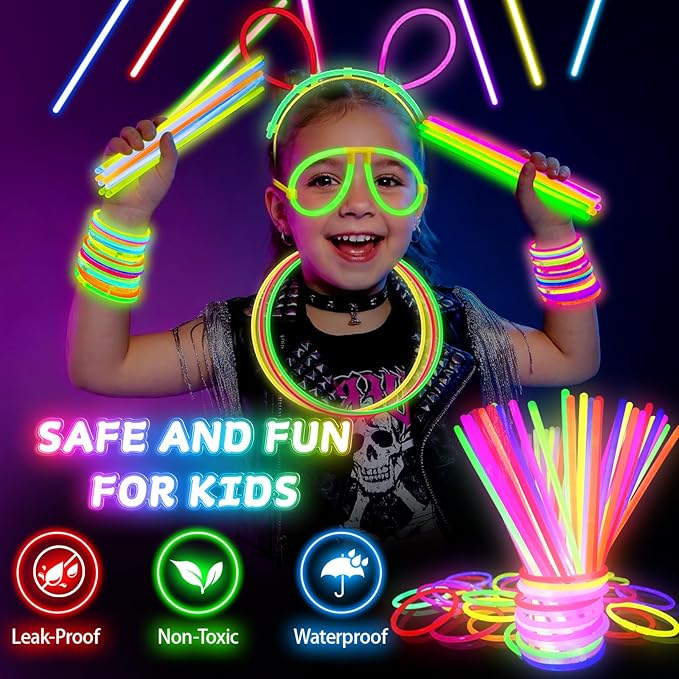 SHQDD 200 Glow Sticks Bulk Party Pack, 8” Neon Glow Sticks, DIY Glowsticks with Connectors Bracelets & Necklaces, Glow in the Dark Party Supplies for Kids, Adults, Parties, Halloween & New Year