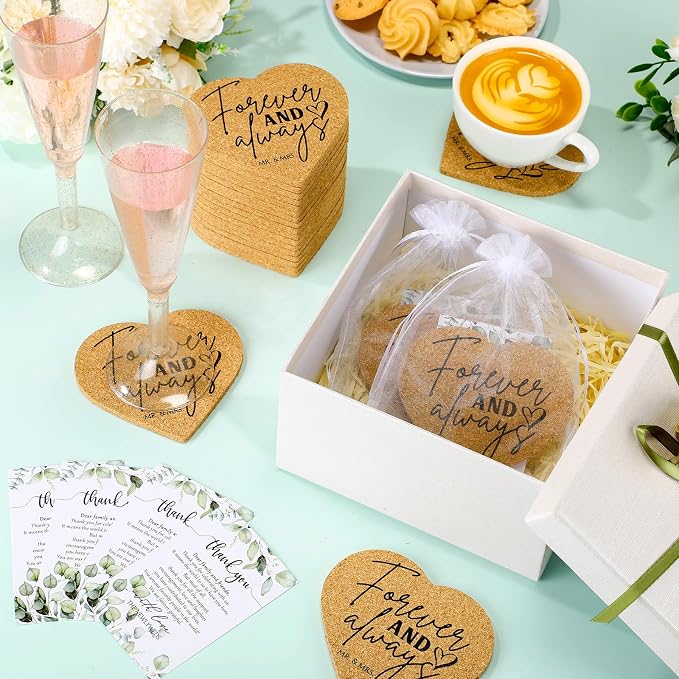 Uiifan 50 Sets Wedding Favors for Guest Heart Shaped Cork Coasters Sets Wedding Gifts Bulk Thank You Cards and Organza Bags Bridal Shower Favors for Souvenirs Engagement Party