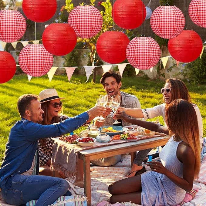 Honoson 12 Pcs Red Gingham Paper Lanterns Picnic Party Decoration 10 Inch Checkered Plaid Round Hanging Chinese Lanterns for Pizza Birthday Picnic BBQ Wedding Baby Showers Decoration