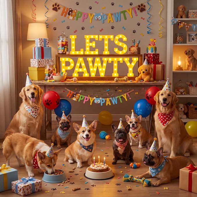 Honoson 9 Pcs Lets Pawty Light Dog Cat Pet Birthday Party Decorations 6.42 Inch Light up Sign LED Neon Table Decoration for Pet Puppy Cat Party Supplies Decorations