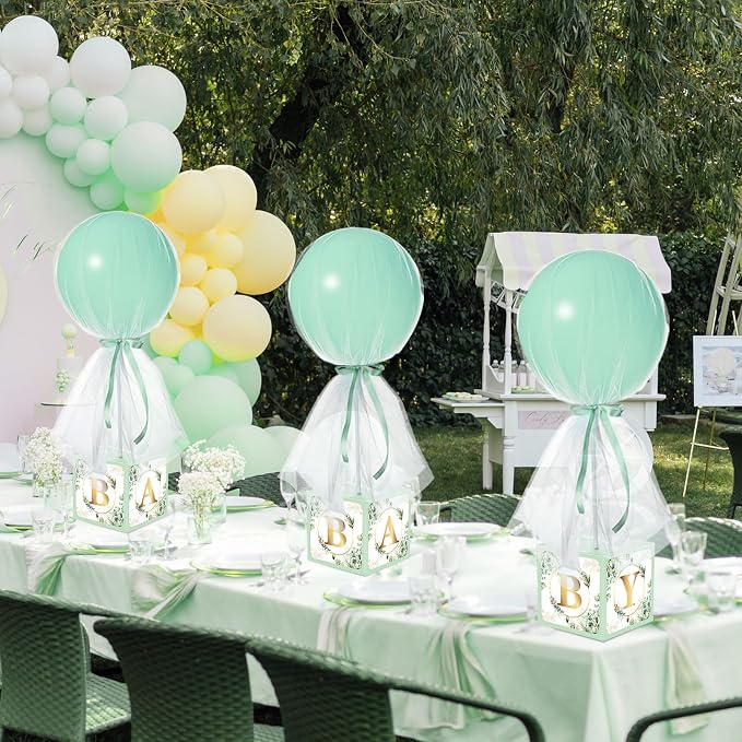 4 Set Sage Green Tulle Tutu Balloon with Letter Boxes Baby Shower Table Centerpieces Decor for Gender Reveal 24'' Balloons White Tulle Cover with Stand, Boxes for Girl Boy Wedding Birthday Party