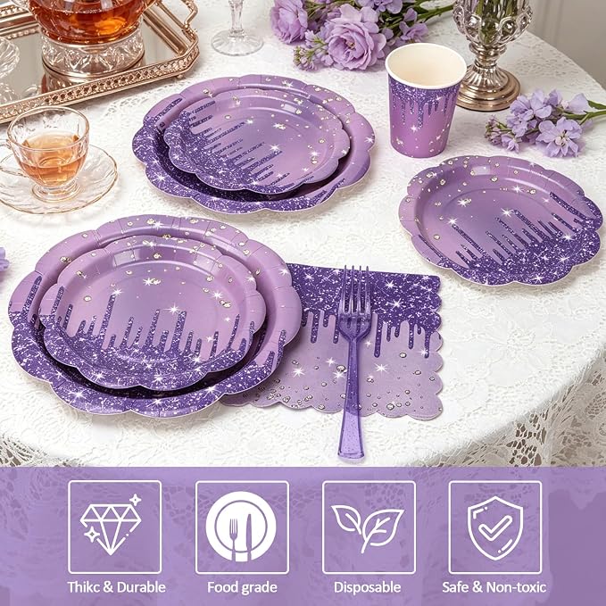 Purple Glitter Plates and Napkins Party Supplies Set, Scalloped Disposable Plates Cups Napkins Forks Tablecloth for Princess Birthday Baby Shower Bridal Shower Wedding Decorations, Serves 24 Guests