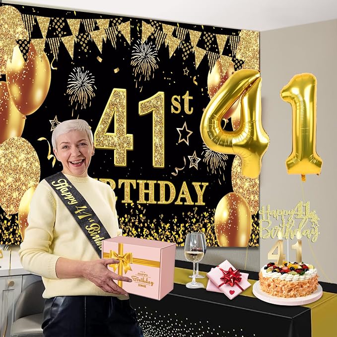 41st Birthday Decorations Men Women with 41st Birthday Banner, Black and Gold Table Cloth, Number Balloons, Large Sash, Cake Topper and Candles
