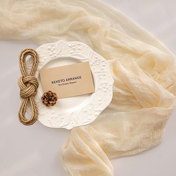 Keketoarrange 10pcs Ivory Gauze Rustic Cheesecloth Table Runner 120 Inch 10 FT for Wedding Baby Shower Bridal Shower Birthday Engagement Garden Outdoor Party Long Sheer Boho Decorations