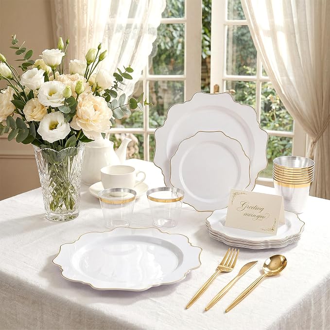 WDF 350PCS White and Gold Plastic Plates - Gold Plates Disposable 50Guest Plastic Dinnerware Ideal for Party/Wedding/Birthday