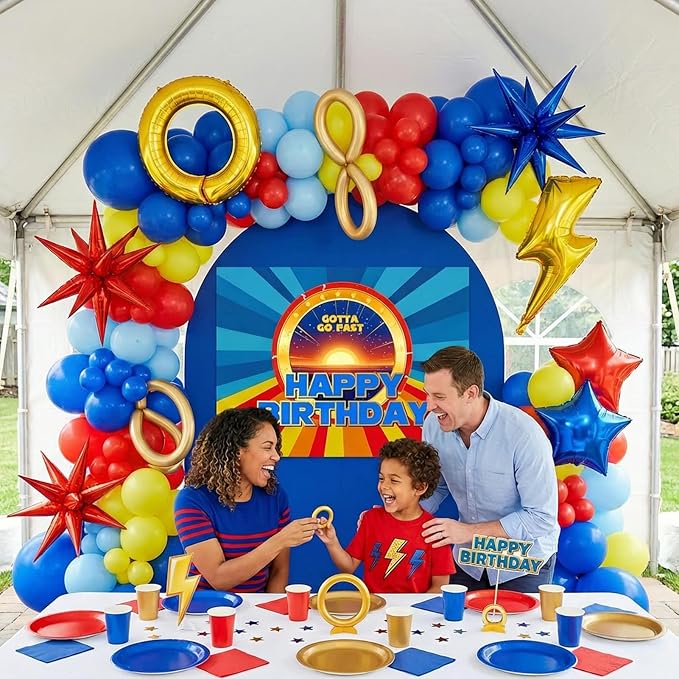 Red Blue Birthday Decorations Balloon Arch Garland Kit with Backdrop & Royal Blue Light Blue Red Gold Balloons, Lightning Ring Star Foil Balloons for Boys Gaming Speed Theme Party