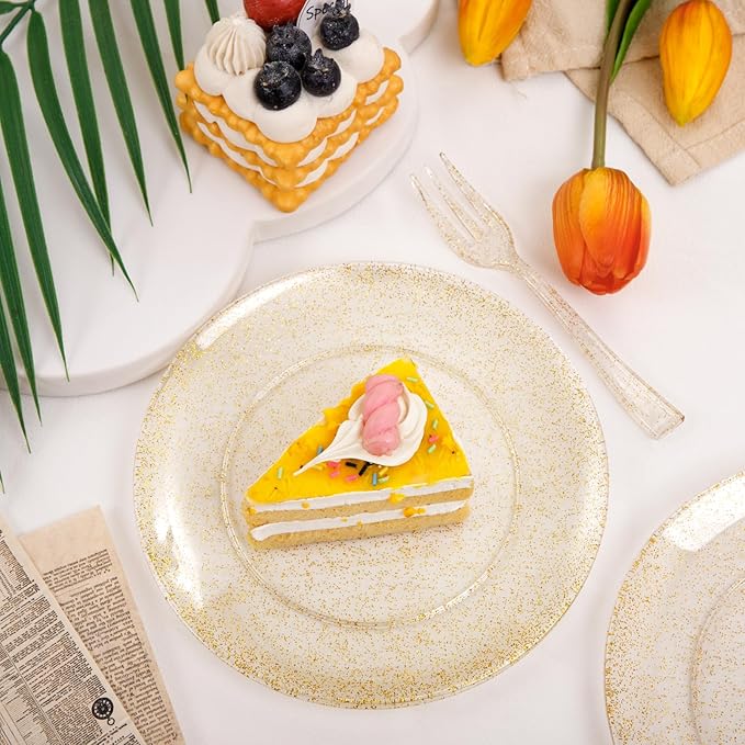 Festiva 200Pcs Gold Glitter Dessert Plates 6.3" with Forks 5"-Small Plastic Dessert/Cake/Appetizer Plates Disposable for 100 Guests Easter Party &Wedding& Birthday&Mother's Day