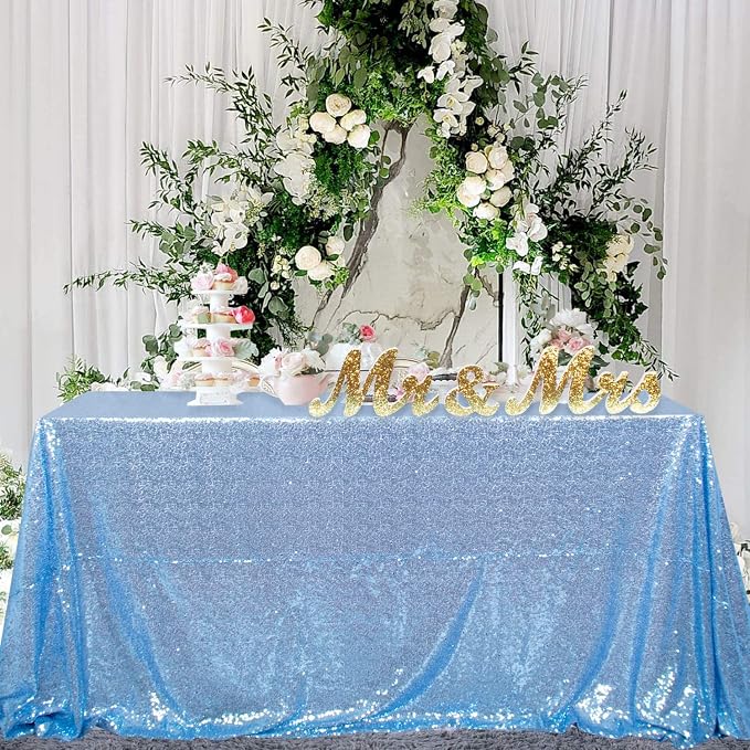 ShiDianYi Rectangular Sequin Tablecloth - Baby Blue 90x132-Inch Light Blue Fabric Glitter Table Linen Cover for Prom, Birthday, Wedding Reception Decoration