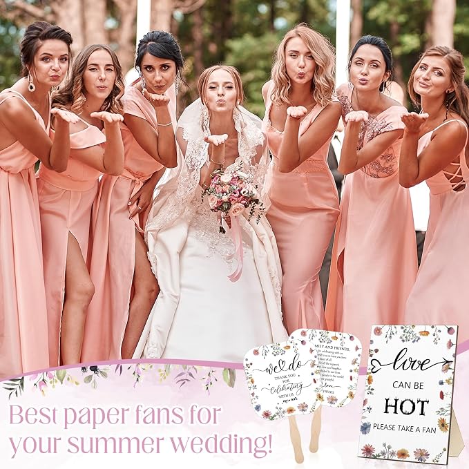 Fumete Wedding Favors for Guests 50 Pcs Wedding Fans and 1 Pc Table Sign Portable Paper Fan with Wooden Handle Hand Fan for Bridal Shower Party Favor Appreciation Gift(Wildflower)