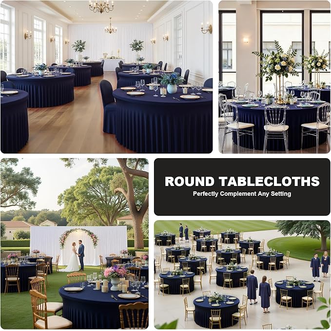 6 Pack Navy Blue Round Spandex Tablecloth with Ruffle Skirt, 60 Inch Elastic Fitted Table Cover for 5FT Table – Perfect for Graduation, Memorial Day & Veterans Day,Wedding,Wrinkle-Resistant
