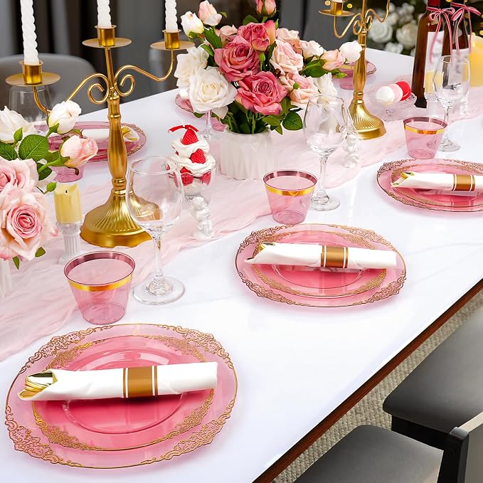 700 PCS Burgundy and Gold Plastic Plates, Disposable Dinnerware Set for 100 Guests, 200 Disposable Plates, 300 Silverwares, 100 Cups, 100 Napkins for Wedding, Party, Graduation