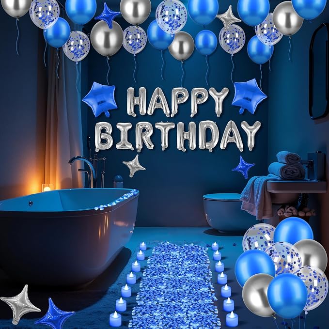Blue Happy Birthday Balloons Banner Navy Blue Silver Birthday Balloons Letters with 6 Pcs Star Balloons Blue Artificial Rose Petals 24 Flameless LED Candles Set for Hotel Birthday Party Decorations