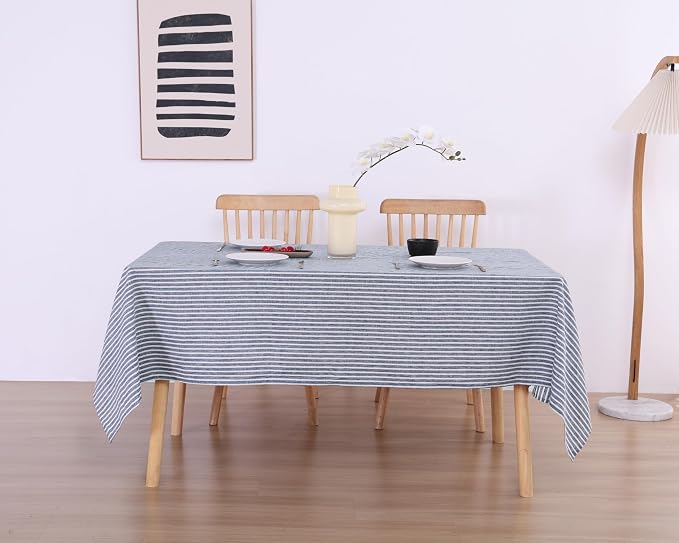 100% French Flax Linen Tablecloths Rectangle 144Lx60W Inch for Dinners, Parties, Easter, Halloween, Camping, Stone Washed, Textured, Machine Washable, 12-14 Sets (60''x144'', Blue Stripe)