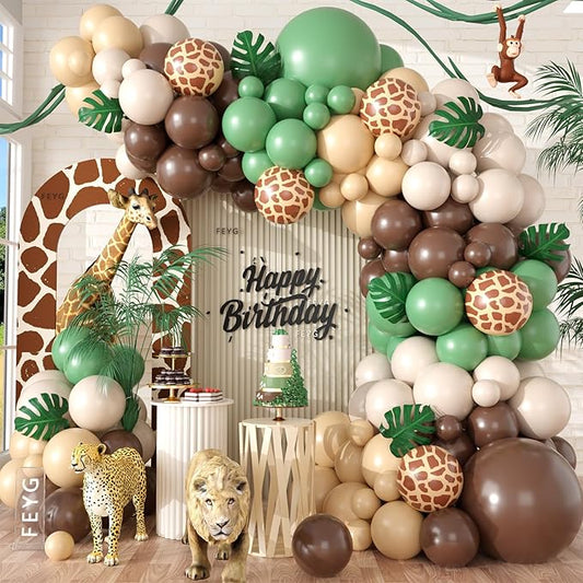 Sage Green Brown Balloon Arch Kit, Safari Balloons Arch with Olive Green Gold Animal Print Balloons Dark Brown Coffee Nude Balloon for Jungle Safari Wild Birthday Baby Shower Party Decoration