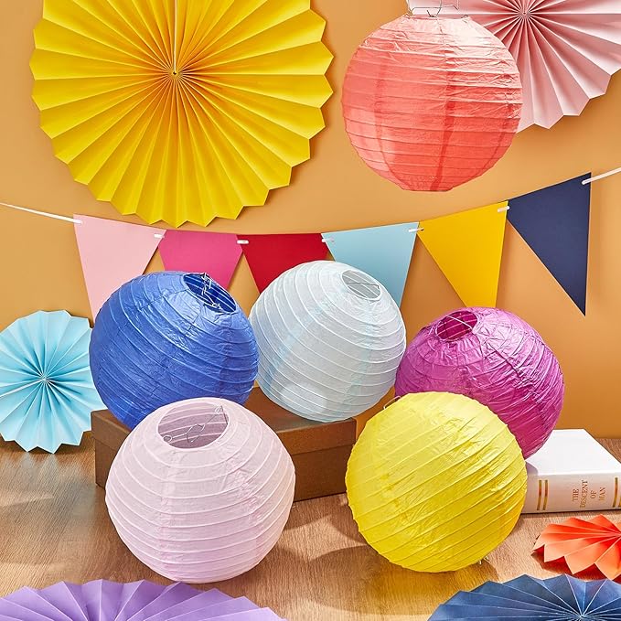 21Pcs Morandi Classroom Decor Morandi Hanging Paper Lanterns Paper Fans Triangle Flags Banners Set Round Lantern for Back to School Ceiling Supplies Home Indoor Birthday Party Ceremonial Event