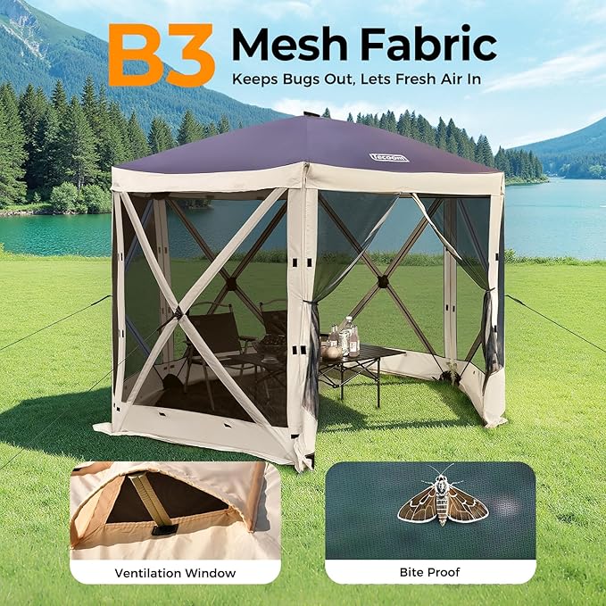 Tecoom 10x10ft 6-Side Pop Up Gazebo Tent, Waterproof Instant Screen with Mosquito Netting, Portable Outdoor Canopy with 4 Removable Wind Cloths, Sun Shelter for Camping, Garden and Picnics, Khaki