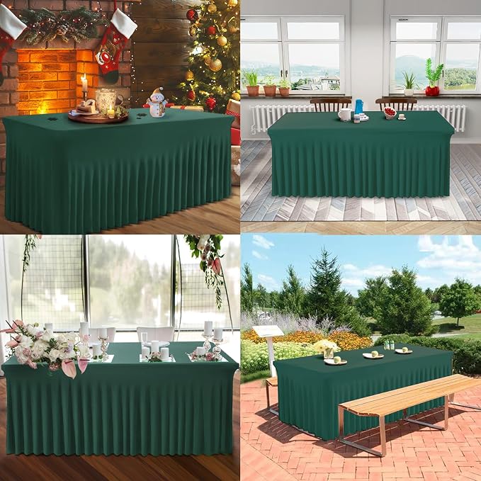 BDDC One-Piece Spandex Table Cover Skirt for 4FT Rectangle Tables | GRS-Certified Eco-Friendly Fabric, Elastic Fitted Ruffle Tablecloth, Washable, For Banquets, Weddings & Parties