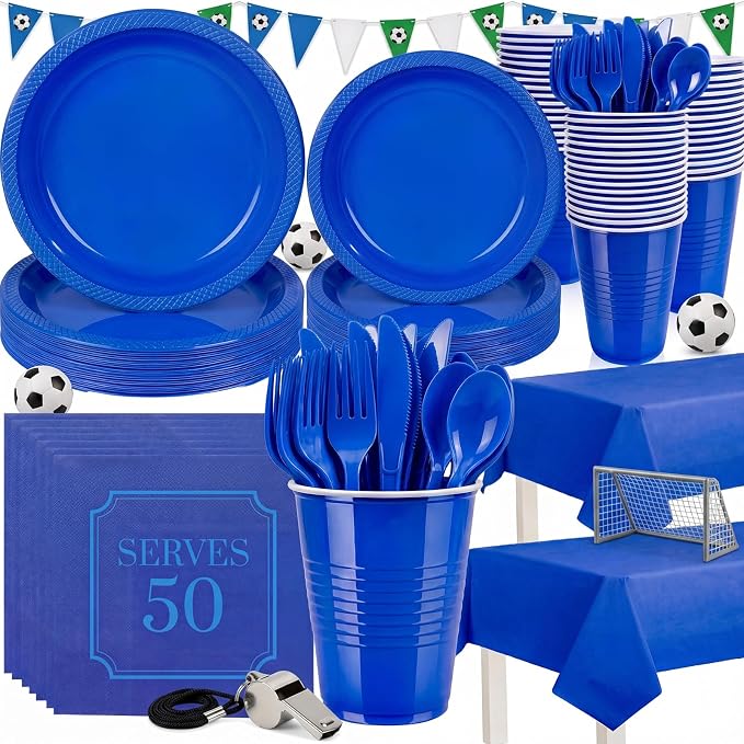 352 Pcs Blue Plastic Plates Party Set, 50 Guests Disposable Dinnerware Set with Deep Blue Tablecloths, Classic Blue Plastic Plates Party Set for Wedding/Anniversary/Nautical Party/Men's Event
