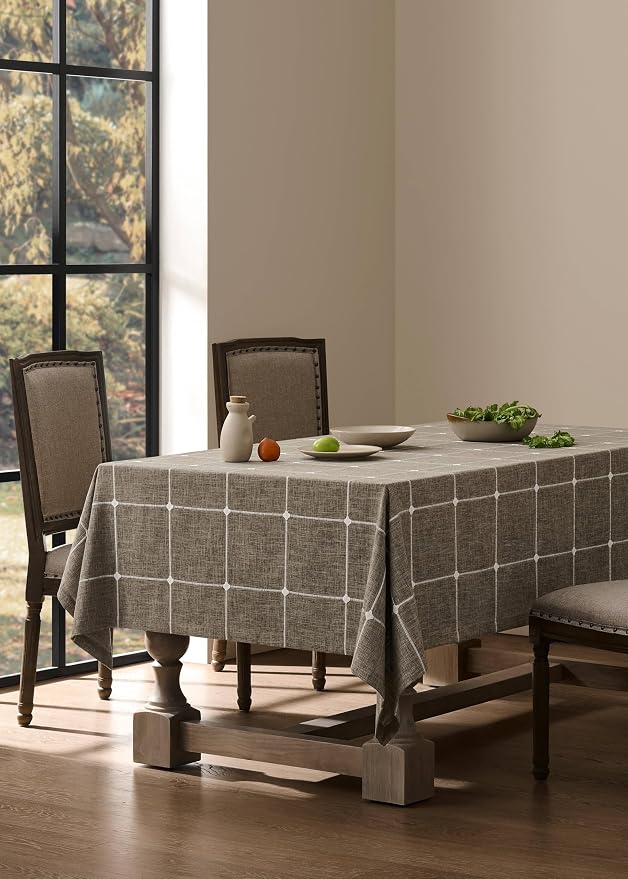 ZeeMart Grid Embroidered Hemmed Tablecloths, Cocoa Brown 60x84 Inch, Farmhouse Style Heavy Weight Cotton Linen Brown Tablecloths, Boho Plaid Water Resistant Rectangle Table Cloth