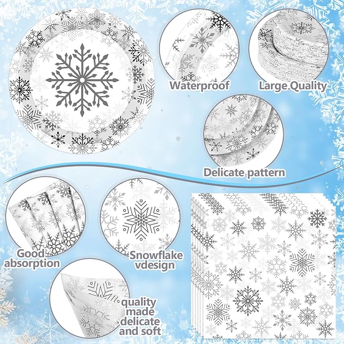 Funnymoom 452 Pcs Winter Snowflake Party Supplies, Silver Snowflake Paper Plates and Napkins Cups Tablecloth Cutlery Straws for 50 Guests Winter Birthday Wonderland Party Decoration