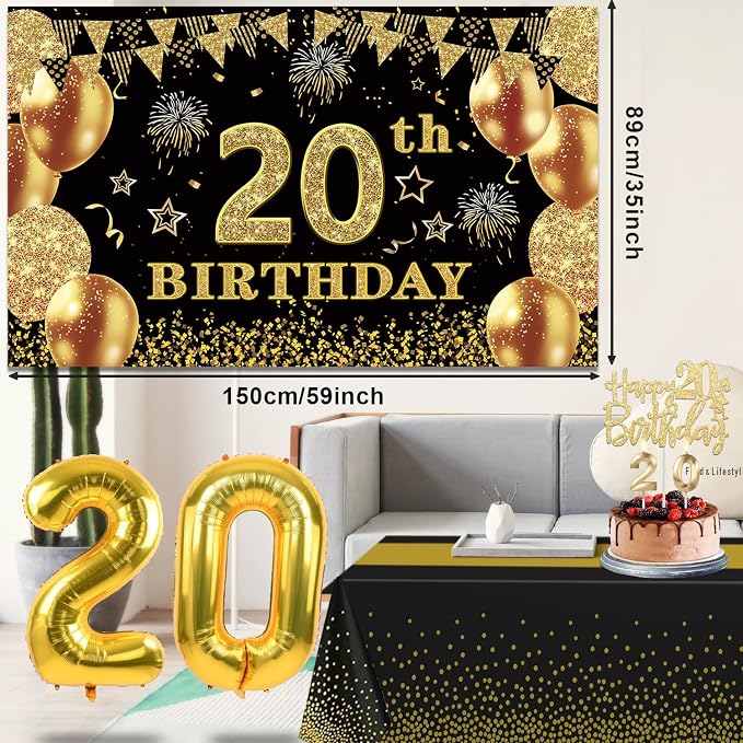 20th Birthday Decorations for Him Her with Banner, Black and Gold Table Cloth, Number Balloons, Large 20th Birthday Sash, Cake Topper and Candles