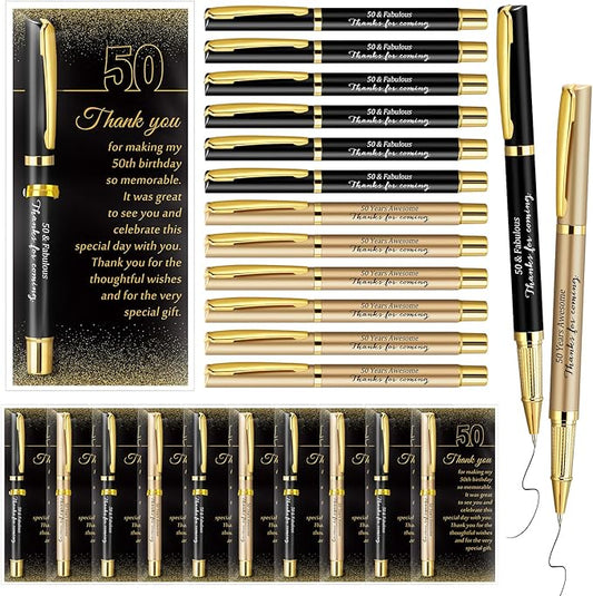 Feifeiya 30 Set 50th Birthday Party Favor for Guest Anniversary Party Favor with Black and Gold Ballpoint Pens and Thank You Cards for Women Men Birthday Anniversary Appreciation Gifts