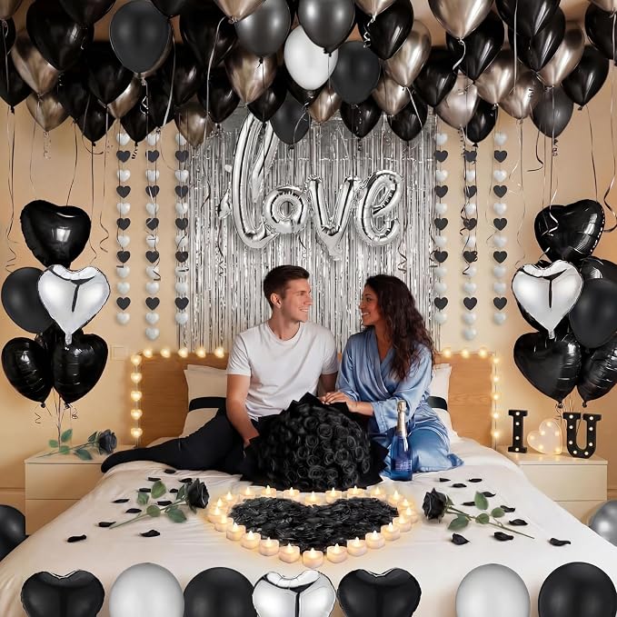 Realspring Black and Silver Balloons Hotel Room Decor for Special Night Happy Romantic Anniversary Decorations Artificial Rose Petals with Heart Lights Kit for Proposal Engagement Birthday