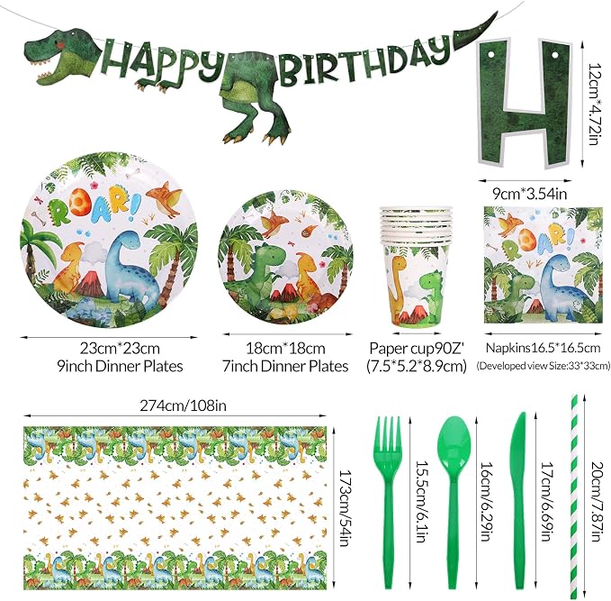 194 Pcs Dinosaur Birthday Party Supplies Dinosaur Paper Plates Napkins Cups Forks Tablecloth Banner Baby Shower Decorations Tableware Theme Serve 24