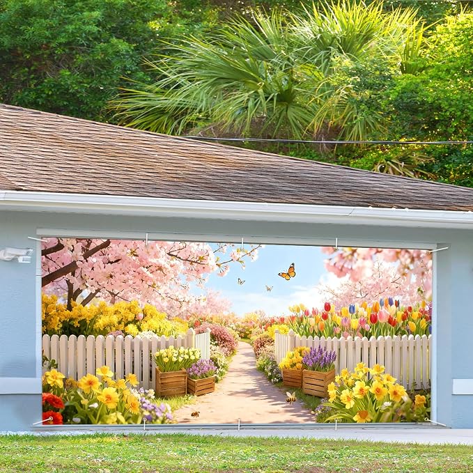 Garden Garage Door Banner Cover 7x16ft Waterproof -Cherry Blossom Floral Backdrop with Butterflies,Spring Easter Wedding Decor,Photo Booth Background