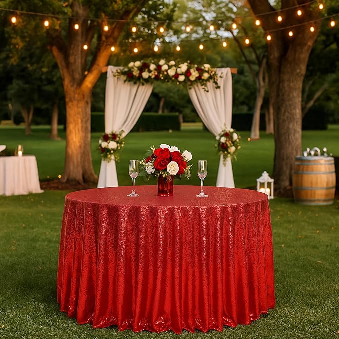 Eternal Beauty Red Tablecloth, 120 Inch Round Sequin Tablecloth for Mother's Day Party Cake Dessert Table Exhibition Events