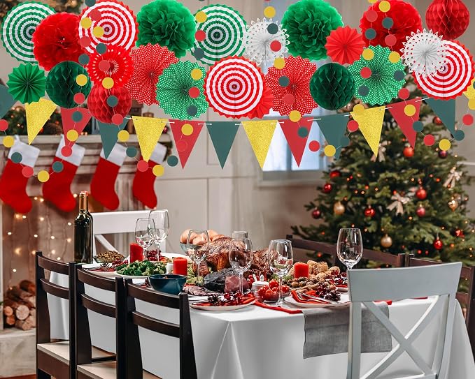 Fullhawl 27 Pcs Mexican Party Decoration, 6 Pack Disposable Tablecloth 21 Pcs Hanging Paper Fans, Pom Poms Flowers, Garland String Polka Dot and Triangle Flag Set for Birthday, Wedding, Carnival