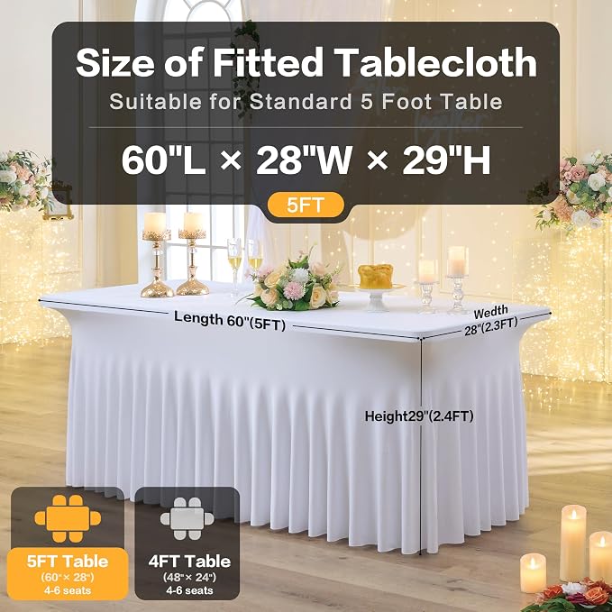 Outpain White Spandex Table Clothes for 5 Foot Rectangle Tables-4Pack 5FT Spandex Fitted Table Cover, Wrinkle Free Tablecloths with Skirt for Parties, Wedding, Birthday, Banquet, Festival