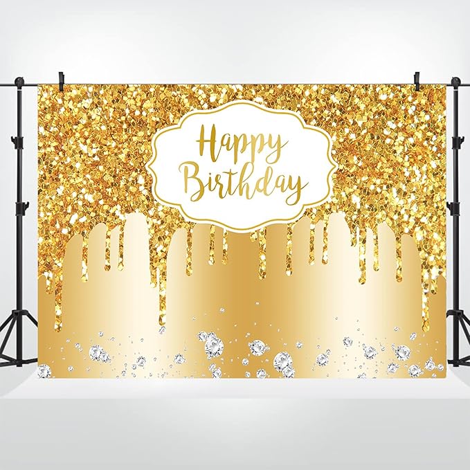 Baocicco 9x6ft Gold Happy Birthday Backdrop Modern Luxury Glitter Diamond Photography Background for Women Girls Sweet Princess Birthday Party Bridal Shower Decor Banner Supplies Photo Booth Props