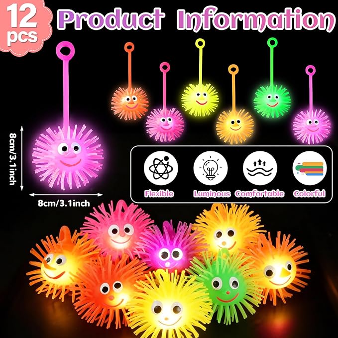 24PCS Light Up Balls for Kids 3.4 inch Puffer Bouncy LED Ball Flashing Sensory Glow in The Dark Toys Bulk Party Favors for Easter Basket Gifts Classroom Stuffer Sprizes Pinata Fillers