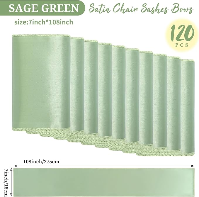 Pesonlook 120 PCS Sage Green Satin Chair Sashes Bows Satin Chair Sashes Universal Chair Cover for Wedding Reception Restaurant Event Decoration Banquet,Party,Hotel Event Decorations (7 x 108 inch)